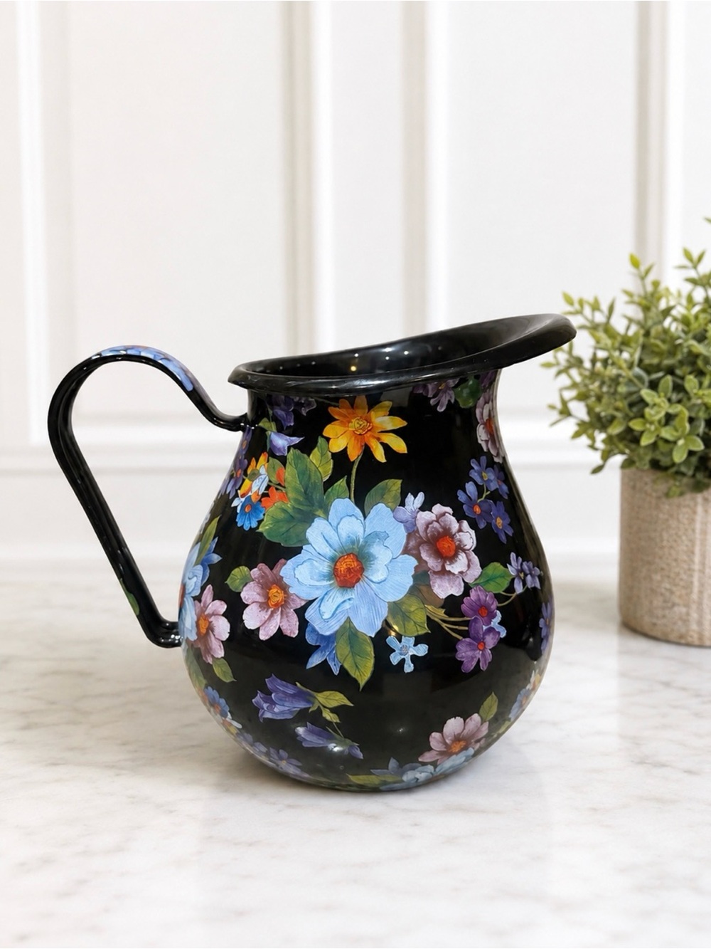 MacKenzie-Childs Black Flower Market Pitcher – 3 Quart